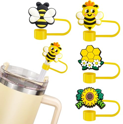 Hikkcos 4 Pack Stanley Straw Cover Bee Silicone Straw Covers Cap for Stanley Cup Accessories Yellow Sunflower Silicone Straw Topper Protector Lid Compatible With Stanley Cup 30 40 Oz