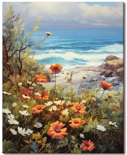 TISHIRON Paint by Numbers for Adults Natural Landscape, DIY Oil Painting Paint Kits for Adults Sea Wave, Adults' Paint by Number Kits Flowers, Art Crafts 16x20(Frameless)
