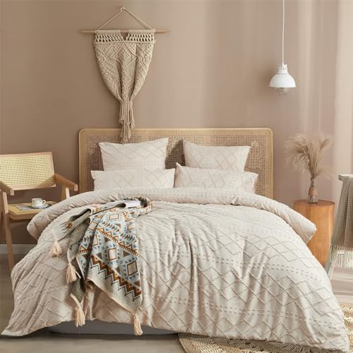 Luofanfei Boho Bettwäsche Beige 135x200 Getuftet Boho Style Wendebettwäsche Set Microfaser Stickerei Elegant Geometrisches Muster Bettbezug 135x200 und Kissenbezug 80x80 cm mit Reißverschluss