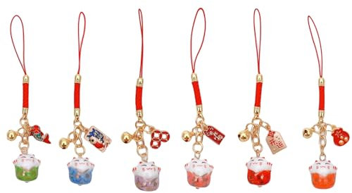 CHUANGOU 6pcs Glückskatze Schlüsselanhänger Glöckchen Ornament Cute Maneki Neko Cat Japanisch Chinesisch Feng Shui Glückskatze Handtasche Rucksack Auto Anhänger