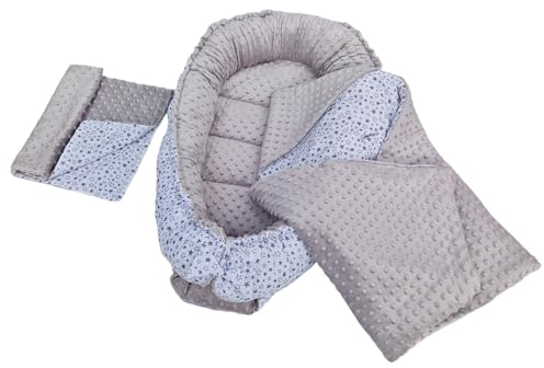 Leanbe Babynestchen-Set, 90x50 cm Baumwolle, 3-teilig mit Kuschelnest und Decke, für Neugeborene (GRAU/Sterne)