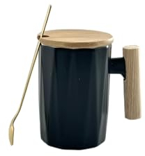 LINDACA 12oz White/Black Office Ceramic Coffee Mug with Lid and Spoon/ 340ML Office Daily Tea Cup with Handle(Black)