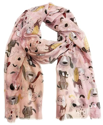J26 Leichte Sommer Seide Tuch mit Katze Hunde Motiv XL Schal Silk Seidenschal Seindentuch Cat Dog Halstuch Hochwertig Glitzer (Glitzer Hunde Rosa)