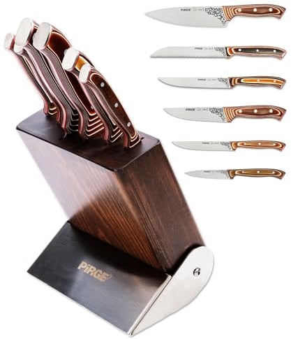 Pirge Elite Küchenmesser Set mit Block 7 TLG Edelstahl - Verbundholz Full Tang Messer Set mit Hainbuchenholz Block - 56 HRC Deutscher Edelstahl mit Hohem Kohlenstoffgehalt DIN 1.4116