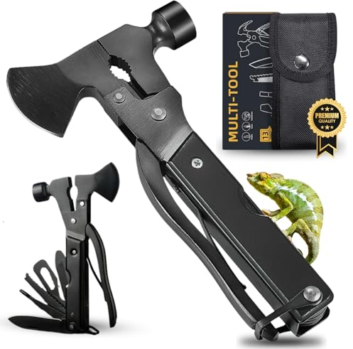 CAVECA Herramienta Multiusos 18 en 1 de Acero Inoxidable + REGALO Tarjeta Mulitusos, Navaja Multiusos Plegable con Martillo Multifunción, Multiherramienta con Hacha de Supervivencia para Senderismo.