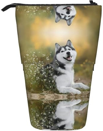 JEJEA Multifunktionales Teleskop-Federmäppchen mit niedlichem Husky-Motiv, niedliches Schreibwaren-Federmäppchen, tragbare Kosmetiktasche, Schwarz , Einheitsgröße, Taschen-Organizer