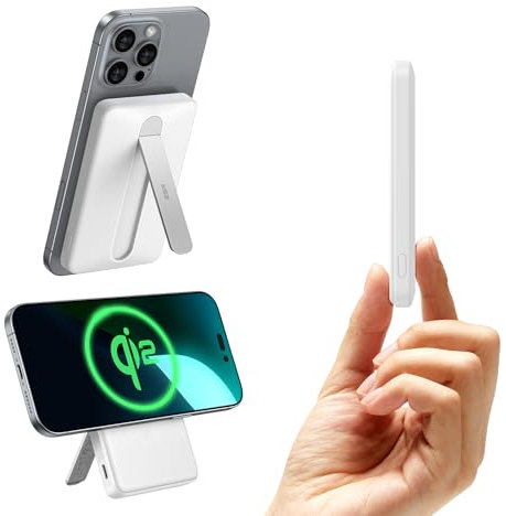 ESR Batería Externa MagSafe Certificada Qi2,Cargador Portátil Carga Rápida 5000 mAh y 15 W con Soporte,Batería Ultracompacta 1,5 cm,Cargador MagSafe con Cable USB-C para iPhone 16/15/14/13/12,Blanco