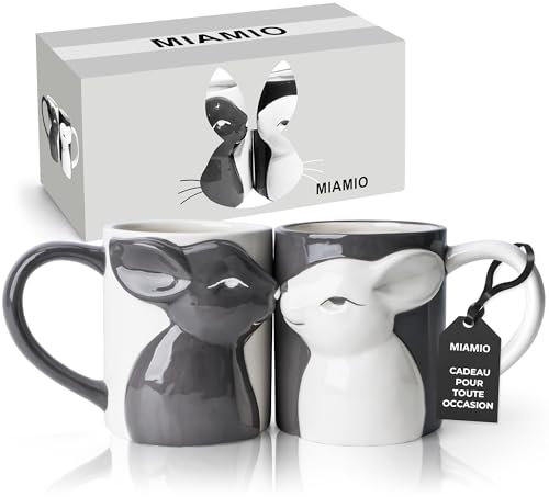 MIAMIO - Ensemble de Tasses Lapin Qui S'Embrassent de 2/400 ml Tasses à Café pour Couples/Ensemble de Tasses à Café en Céramique/Cadeaux pour Femmes/Hommes pour Anniversaire, Pâques ou Noël - Sû