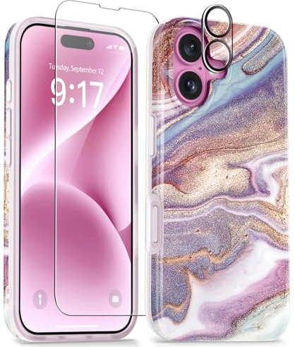 GVIEWIN Kompatibel mit iPhone 16 Hülle, mit Displayschutz & Kameraschutz, Stoßfest Kratzfest Marmor TPU Dünn Fallschutz Schutzhülle Handyhülle für Frauen Mädchen 2024 6,1, Fließendes Sakura/Rosa