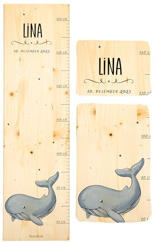 Muckelmeister Messlatte Kinder aus Holz personalisert 80-140cm - Muckelfreunde - 70x20x2cm Kinderzimmer Deko - Geschenke zur Geburt - Maßband Kinder Wand - Geschenkidee Kleinkind - Wal