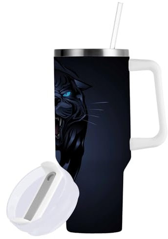 Mnsruu Trinkbecher mit Strohhalm und Deckel, 1,2 l, Roaring Black Panther, Reisebecher, Edelstahl, doppelwandig, vakuumisoliert, Wasserflasche für heiße und kalte Getränke
