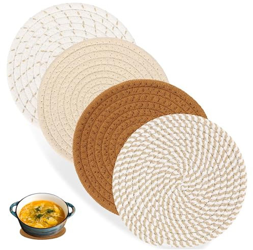 4 Stück Topfuntersetzer Hitzebeständig, Geflochtene Untersetzer, Baumwolle Faden Weben Matte, 18cm Topf Untersetzer, Topf Untersetzer Set Rund, für Esszimmer, Büro, Küche, Hotel