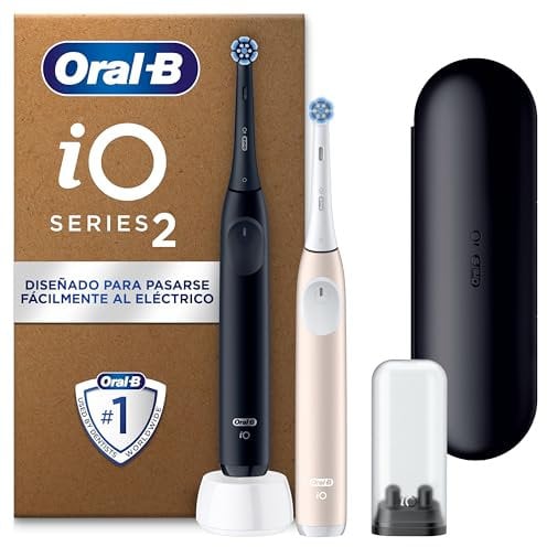 Oral-B iO 2 Duo Brosses A Dents Electriques Pour Adultes, Noire et Rose Clair, 3 Modes De Nettoyage, Doux Pour Les Gencives, Brossage Souple, 2 Brossettes Oral B De Rechange, Chargeur, Etui De Voyage