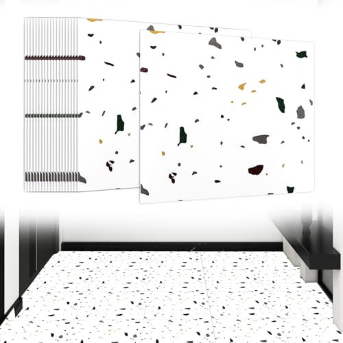 VIDETOL Pack of 40 PVC Flooring, Self-Adhesive, 30 x 30 cm, Adhesive Tiles, Waterproof, White Floor Tiles, Self-Adhesive, Non-Slip Vinyl Flooring, Click System for Kitchen, Living Room, Bathroom