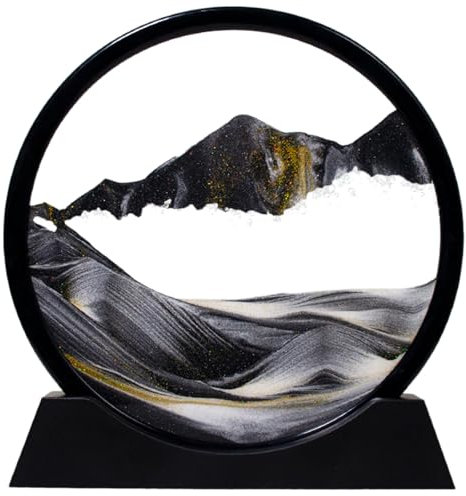 Tel Charme * Bewegendes Sandbild – 3D Quicksand Gemälde Dekor – Runde Glas 3D Tiefsee Sandscape – Entspannende Heimdekoration Schreibtischspielzeug für Zuhause (7 Zoll - Schwarz)