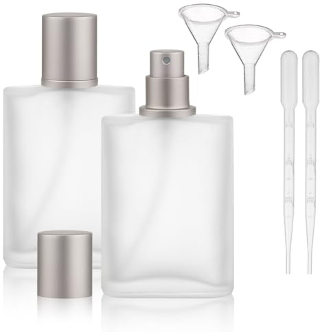 2x Parfümflaschen Leer 50 ml, Parfüm Flakon zum Befüllen, Parfümzerstäuber | Sprühflasche Parfüm Nachfüllbar, Trichtern, Parfüm Glas Flaschen für Reisen Party (Grau)