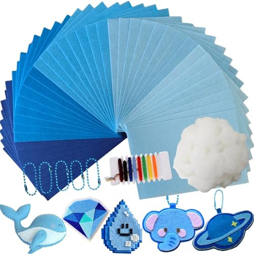 40 Stück Filz zum Basteln,5 Verschiedene Blauem Farben von Bastelfilz 1mm, komplett mit Nähzubehör,50g Bastelwatte,5 kugelkette,20 x 30cm Filzstoff zum Basteln,Vliesstoff Stoff Filzplatten für DIY