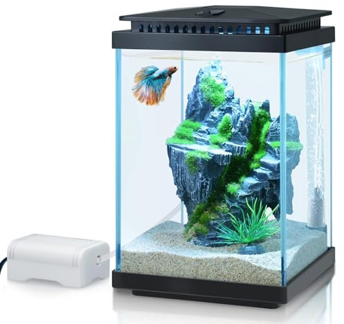 PYPABL Mini Glass Fish Tank, 4 Litres Desktop Fish Tanks, Betta Fish Tank, Mini Aquarium Starter Kit with Air Pump LED Light Decoration Water Changer Fish Net (Black)