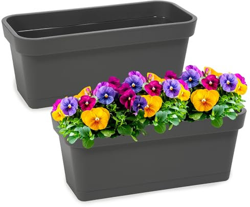 PECZEKO Blumenkasten-Set aus Kunststoff, Pflanzkasten für Blumen und Kräuter, Widerstandsfähiger Balkontopf, Pflanzkübel für Balkon 2 Pack Anthrazit, ø 40 cm