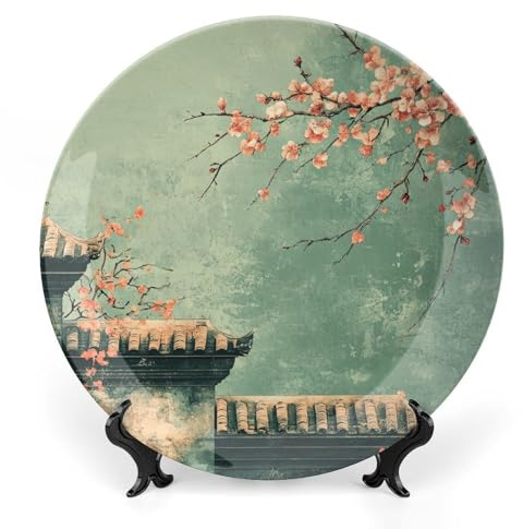 Piatto decorativo in ceramica in stile cinese, piatto decorativo con fiore con supporto, piatti decorativi in porcellana per soggiorno, corridoio, decorazione da tavolo