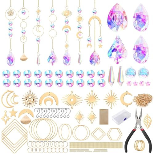 EEEKit Sun Catcher Crystals Kit, 200 PCS DIY Hanging Rainbow Maker Kit with Moon Sun, Sunlight Catcher Set for Garden