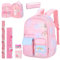 Dhnvcud Schulrucksack Mädchen Teenager, 7 Stück Kinderrucksack Mädchen mit Federmäppchen und Schreibwaren Set - Rucksack Kinder Große Kapazität Schulranzen mit Brustschnalle für Kinder 6-12 Jahre