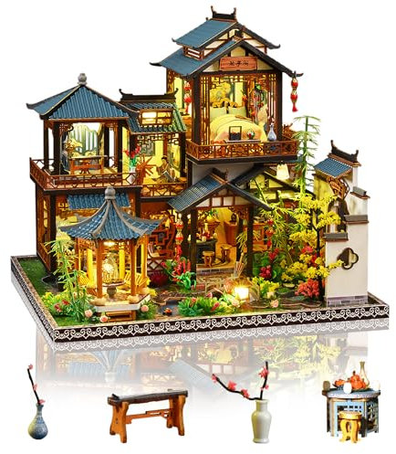 Cuteefun DIY Miniatur Puppenhaus Kit, Puppenhaus Holz Modellbausätze mit LED-Licht, für Erwachsene und Jugendliche, Bauen Sie Ihr eigenes Traumhaus Modell (Blumengarten)