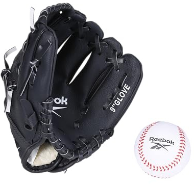 Reebok Youth Baseball Glove Set de Sport pour Enfants de 9 Pouces avec Boule en Mousse, Gant d'entraînement pour débutants, Pratique et Jeu dans la Cour, Unisexe, Adulte, Noir, S
