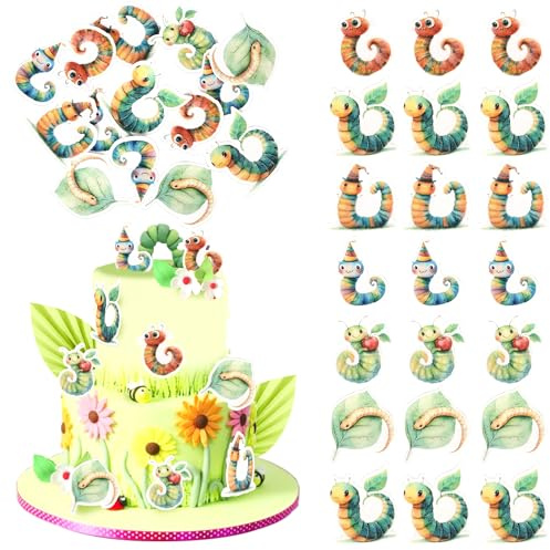 Xsstarmi 60 Pack Edible Cartoon Caterpillar Cupcake Toppers Rice Paper Hungry Caterpillar Cupcake Picks for Insect Theme Baby Shower Kids Birthday Party Cake Decorations Supplies