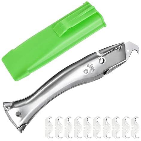 Coltello Multiuso,Coltello a Uncino Taglierino per Tappeti Gancio per Moquette Lama,con 10 Lame,Utter per Tappeti per Il Taglio di Pavimenti in PVC (Argento)