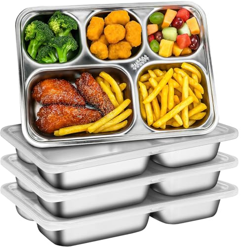 4 Pcs Stainless Steel Divided Plates, 5 Compartment Dinner Plates with Lid | 26 x 18 x 4 cm, Metal Divided Plates, Rectangular Divided Dinner Plates for Adults, Kids, Picky Eaters and Portion Control