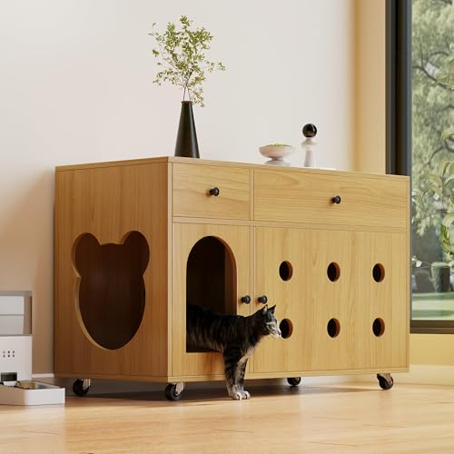 Katzenkloschrank, Bewegbarer Katzenstreusand-Schrank, Katzenkabinett mit 2 Türen, Hölzernes Haustierhaus, Geruchsisoliert Katzenmöbel, ohne Katzenklo, 100×45×66 cm, Nussbaumfarbe (Gelbmaplefarbe)