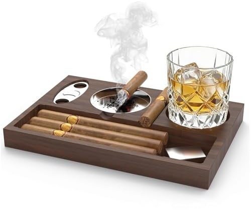 auvstar Cenicero para Hombres de Madera con Pinzas para Puros y Portavasos, Accesorio Portatil de Calidad Elegante para Cigarros y Cigarrillos, Regalo de Lujo para Caballero Papá Marido Negro