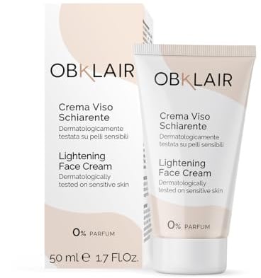 OBKLAIR Crema Schiarente Anti Macchie Viso con Acido Kojico e Azelaico 50ml | Macchie Scure, Solari, Età, Melasma. Collagene e Acido Ialuronico Per Pelli Sensibili, Senza Profumo. Uniformante e Idratante