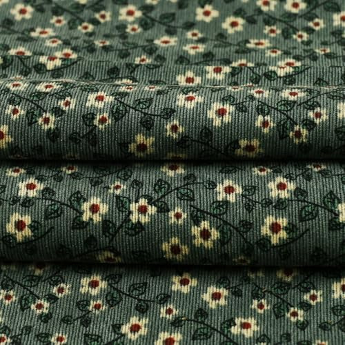 Vayliro 1m Cordstoff Breite 150 cm Bedruckter Kleingeblümter Cordstoff Meterware Stoff zum Nähen Dekostoff Bekleidungsstoffe für DIY Kunsthandwerk Tischdecke Vorhang Heimtextilien,Grün B