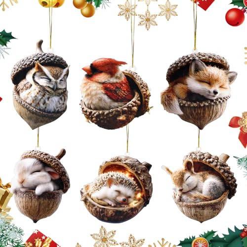Ruichi 6PCS Forest Animal Acorn Ornaments, 2D Acrylic Cozy Forest Christmas Ornaments, Pine Cone Animal Decoration, Hanging Ornament Home Party Decorations for Xmas Tree Decorations