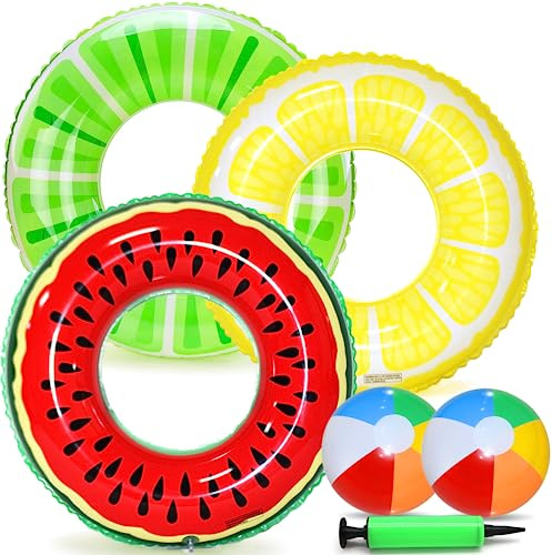 Chennyfun 6 PCS Ciambella Salvagente Frutta Gonfiabile | Anello da Nuoto per Bambini e Adulti, Motivo di Fruit, Con Pallone da Spiaggia, Per Nuotare Spiaggia Festa