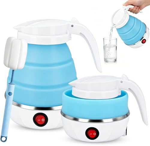 Faltbarer Wasserkocher 600ml Reisewasserkocher, Reise Silikon Tragbarer | Blau Tragbarer Wasserkessel mit 1 Klappbürste,Mini Elektrischer Silikon Wasserkessel für Camping, Küche Reise Camping Outdoor