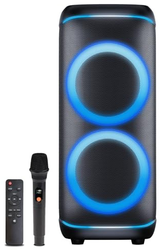 Denver BPS-470 - Altavoz Bluetooth para fiestas (2000 W, con luz LED RGB, 2 woofer de 10 pulgadas, micrófono y mando a distancia, emparejamiento estéreo TWS, AUX/USB/MicroSD, IPX4, batería de 6000 mAh