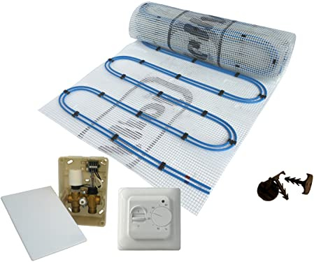 Dünnbett Warmwasser Fußbodenheizung HoWaTech Duo Komplett Set 2,5-20m² Doppelrohr Heizmatte 80 W/m² und E-Regelbox Standard Thermostat, Heizfläche:15.00m²