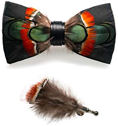 JEMYGINS Noeud Papillon Homme Rouge/vert/noir en Plume en Plumes Fait Main et Broche Ensemble Compris boîte