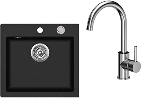 VBChome Granit Spülbecken Schwarz 50 x 47 cm – Einbauspüle Einzelbecken für Küche, Küchenspüle gesprenkelt mit Armatur & Siphon, Verbundspüle mit Einhebelmischer