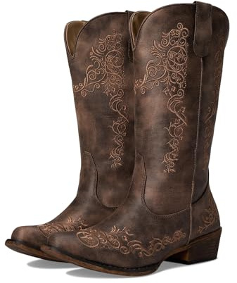ROPER Womens Riley Scroll Embroidered Snip Toe Casual Boots Mid Calf Low Heel 1-2 - Brown - Size 7 M