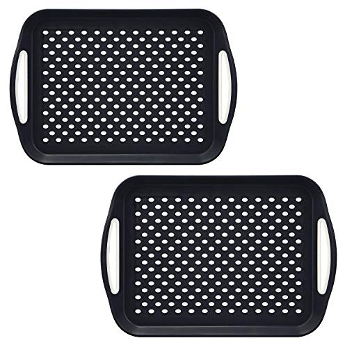 Taylor & Brown 2 x Set of Anti-Slip Rectangular Non-Slip Top and Bottom Plastic Dinner/Drinks Serving Tray with High Grip Rubber Surface, Easy Grip Handles (2 Black)
