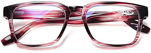 DOOViC Blaulichtfilter Lesebrille Gestreift Rot Quadratische Rahmen Groß Gläser Computerbrille Brille mit Sehstärke für Damen/Herren 3,5