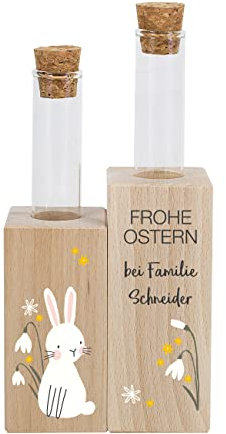 Herz & Heim® Holzvase mit Reagenzgläsern zu Ostern, personalisiert Frohe Ostern