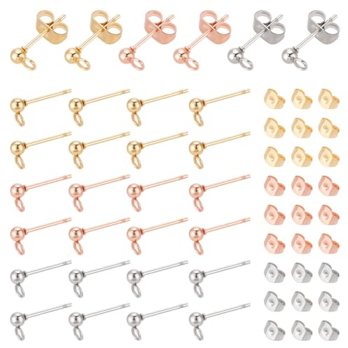 UNICRAFTALE 60 Stück 3 Farben 3 mm Kugel Ohrstecker Edelstahl Ohrstecker Ohrstecker Mit Ohrring Rückseiten Für DIY Schmuckherstellung, 0.8mm