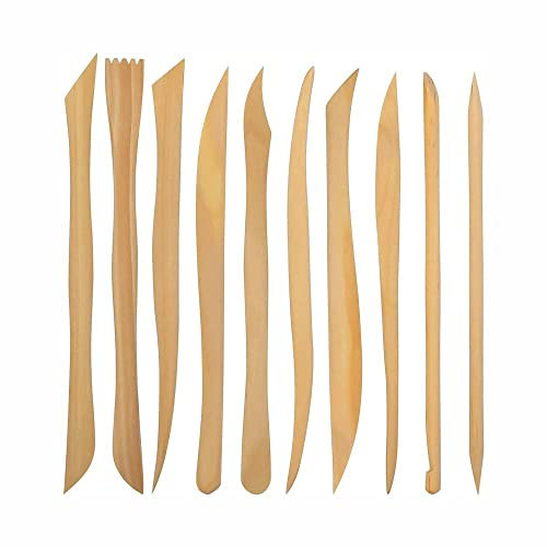 3 Ace Crafts 10 Wooden Clay Knives, Double Ended Pottery Tools for Shaping, Modelling, Carving, Smoothing, Cutting Patterns into Modelling Dough Long for Sculpting & Ceramics, Engraving, Embossing