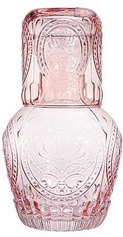 RockTrend Retro Relief Glass Bedside Night Water Carafe with Tumbler Glass, Pitcher And Cup Night Set-Pink