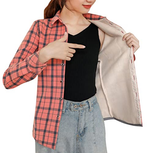 Minetom Kariert Hemd Damen Samt Warm Plaid Herbst Winter Langarm Jacke Gefüttert Plüsch Blusenshirt Hemdbluse Knöpfen Karo Blusen Stil Z Rosa 38